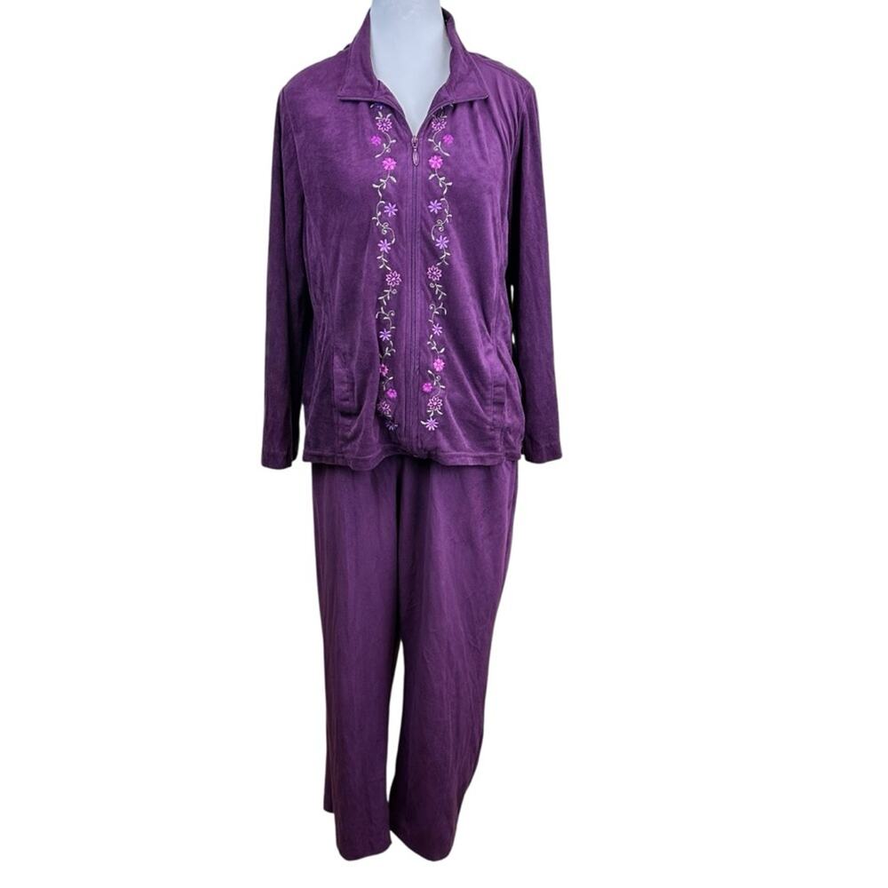 Vintage Sarah Bentley Velour Lounge Track Suit Set Embroidered Purple Size Med